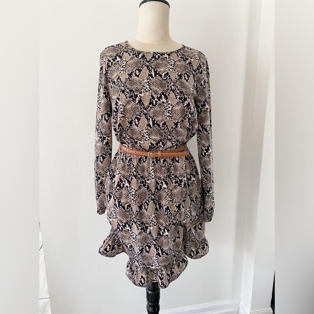 Joe Fresh Snakeskin Print Ruffle Hem Long Sleeve Dress – Size Small